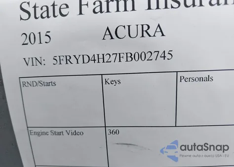 2015 Acura Mdx из США, поврежденный, VIN 5FRYD4H27FB002745